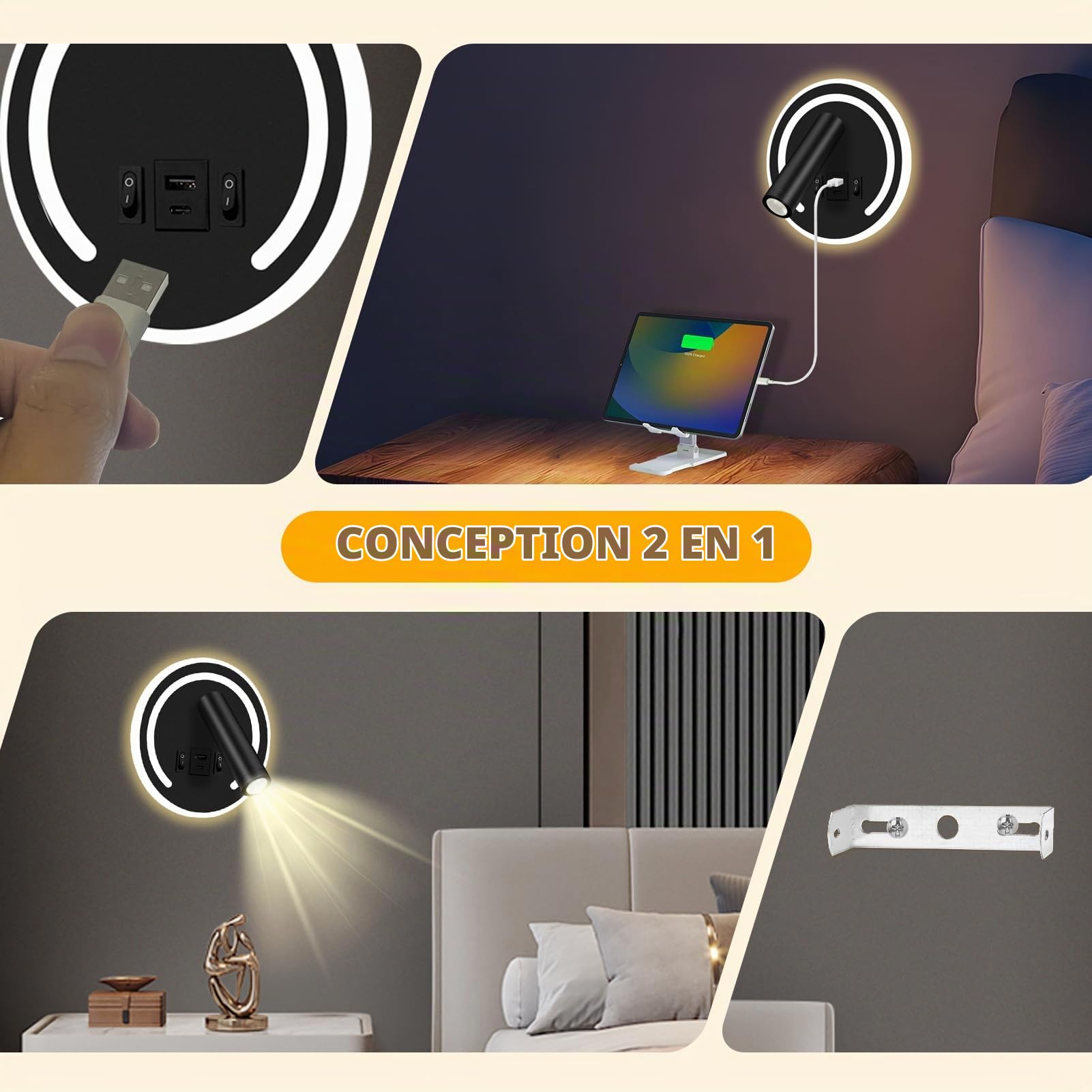 HUIZHOU applique liseuse 3W + 9w LED lampe de lecture, port de charge USB, lampe de chevet rotative 3000k pour chambre à coucher, escalier, couloir, Bureau (Rond noir)