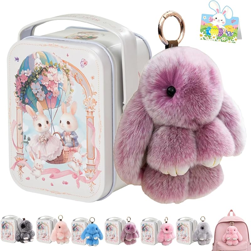 Bunny Lulu Keychain With Tin Box, Bunny Keychain Charm Bao Rabbit Pompom For Bags, Easter Girls Women Gift