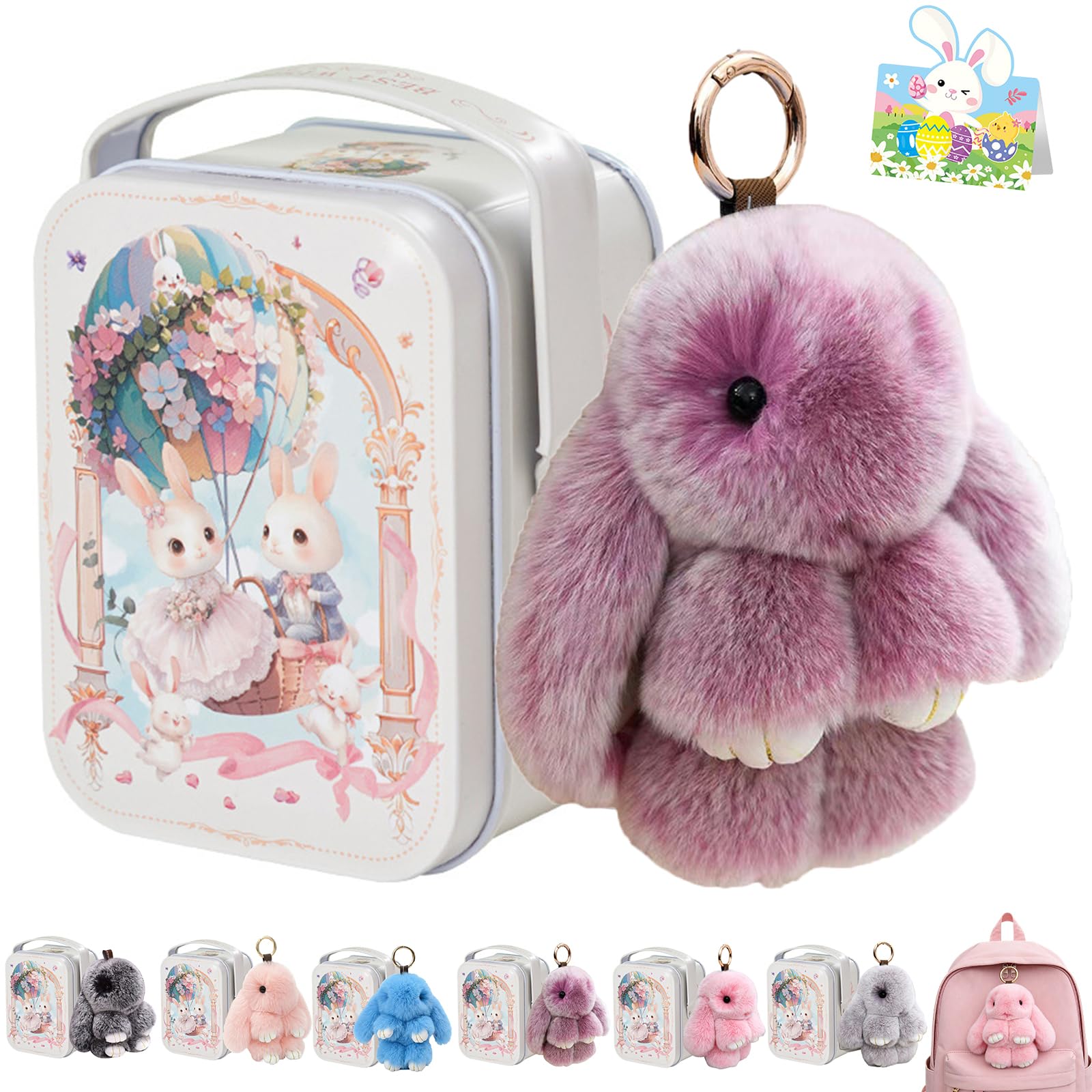 Bunny Lulu Keychain With Tin Box, Bunny Keychain Charm Bao Rabbit Pompom For Bags, Easter Girls Women Gift