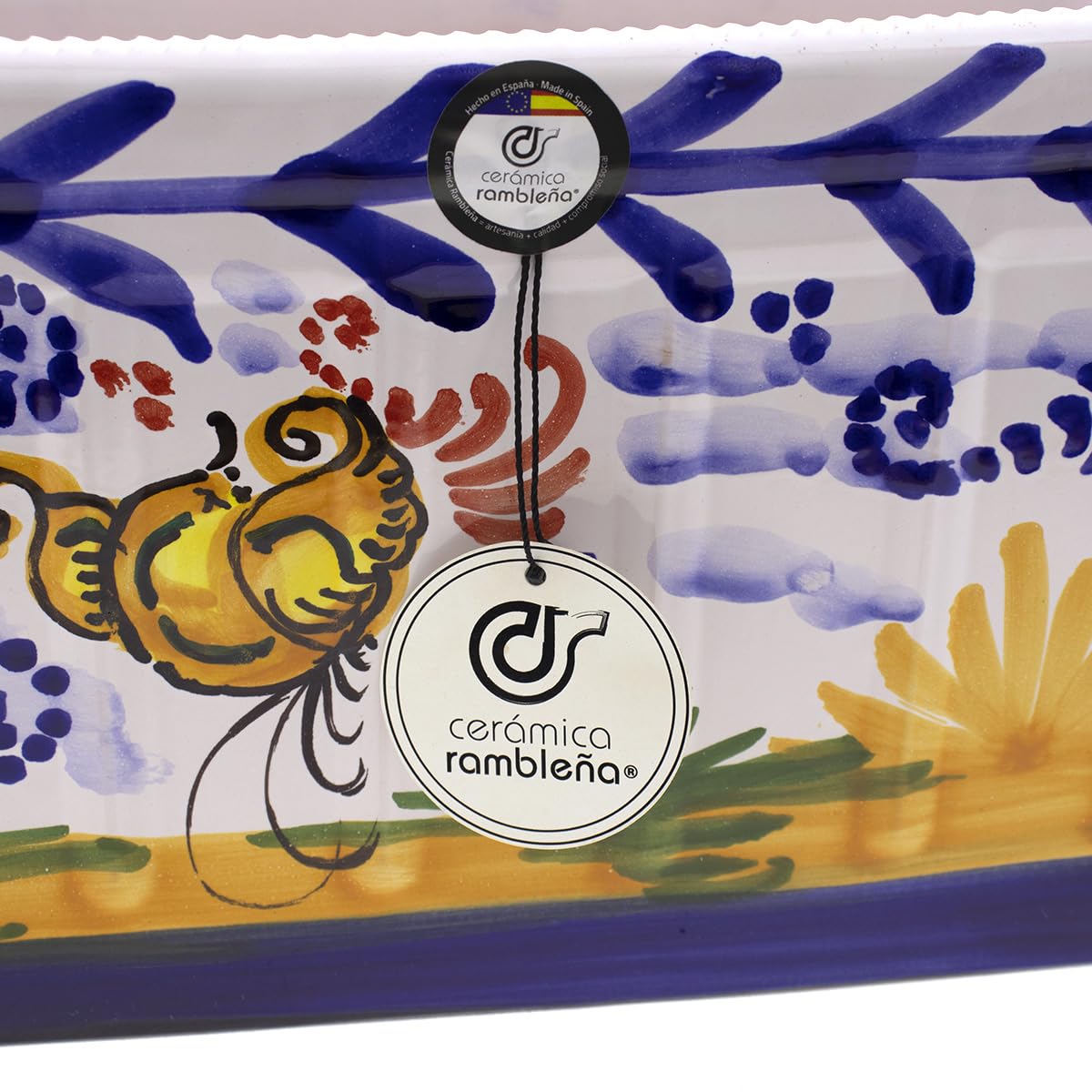 CERÁMICA RAMBLEÑA | Jardinera | Jardinera balcón | Jardinera Exterior | Jardinera Rectangular | Jardinera Decorado montería - Modelo J03 | 100% Decorada a Mano | 41x19x18 cm
