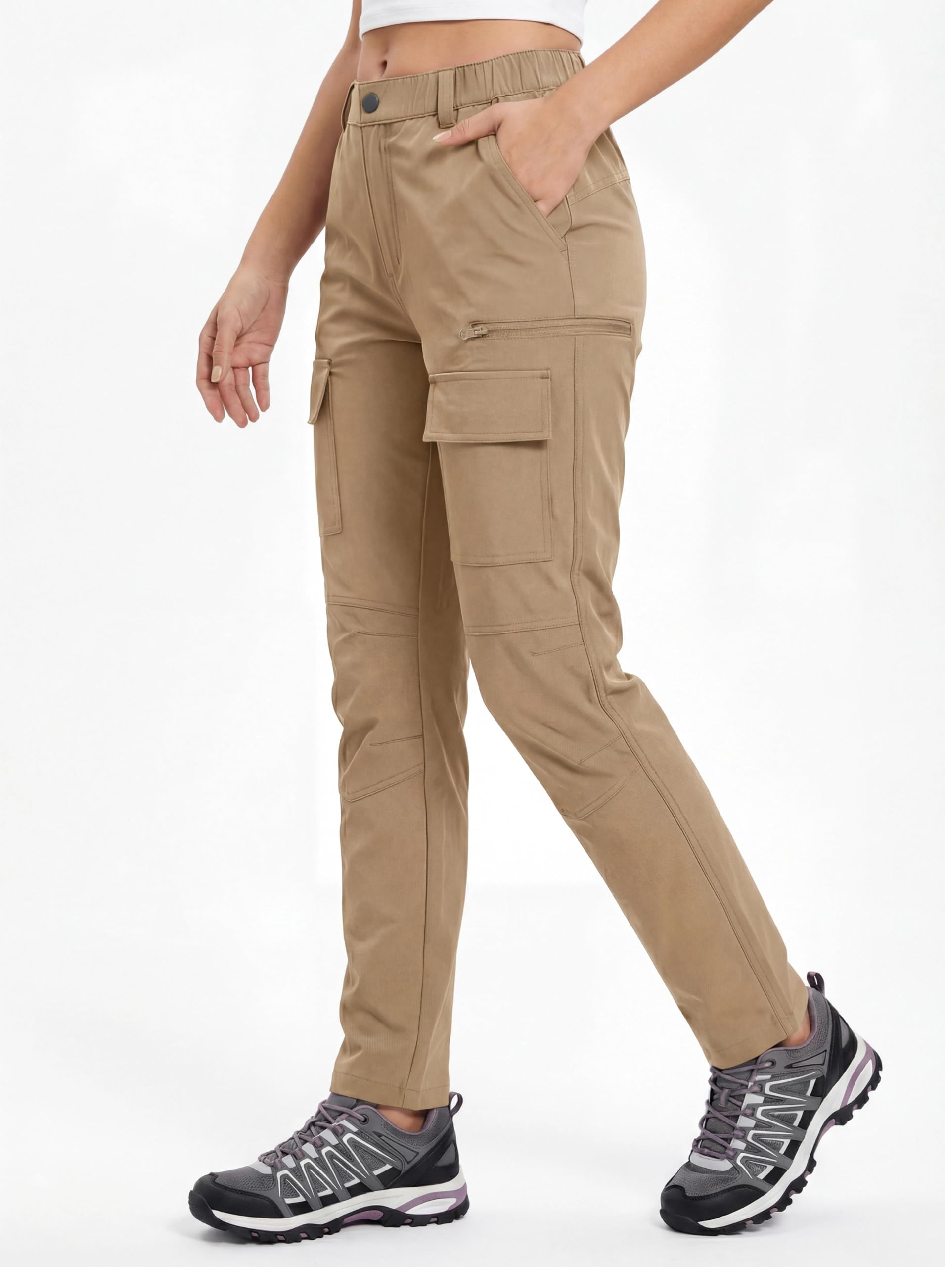 GymBrave Pantalon de Randonnée Femme Été Léger Pantalon de Travail Extensible Imperméable Pantalon Cargo avec Poche Zippée Pantalon de Trekking Pantalon Safari