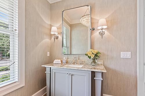 Miniatura 3 de Espejos de baño de oro cepillado de 28 x 36 pulgadas para pared, espejo giratorio de baño con marco de metal de latón con esquina redondeada,