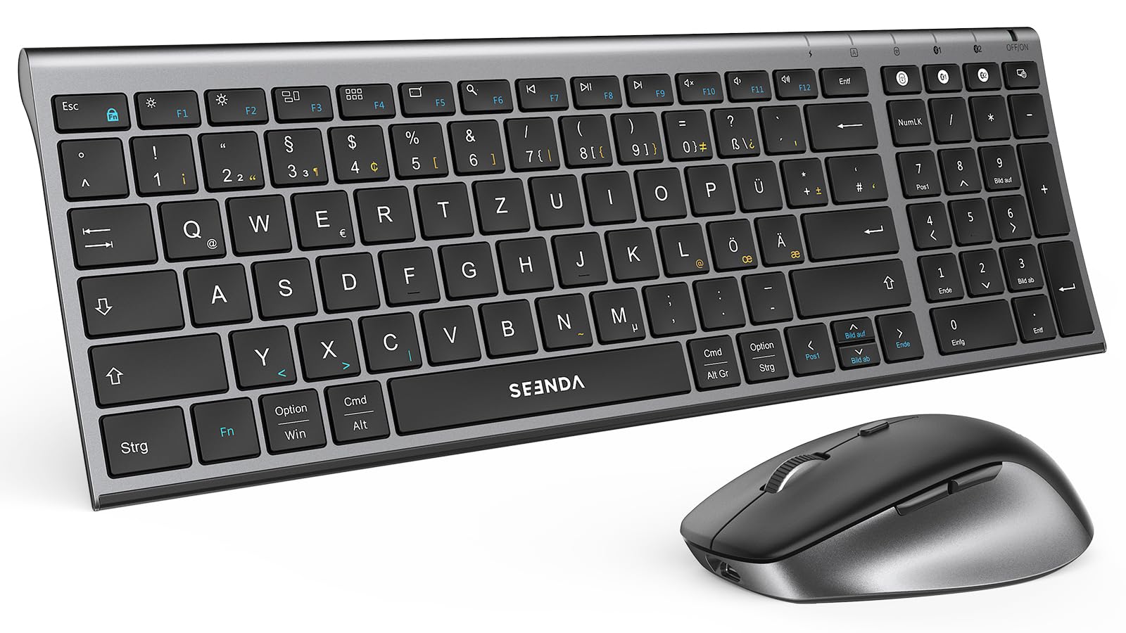 Bluetooth Tastatur mit Maus, SEENDA COE401 Kabelloses Tastatur Maus Set für Windows/Mac/iPad/Android | Ultradünne Metall-Tastatur + Leise Funkmaus | 3 Geräte Verbindung, QWERTZ Layout, Grau