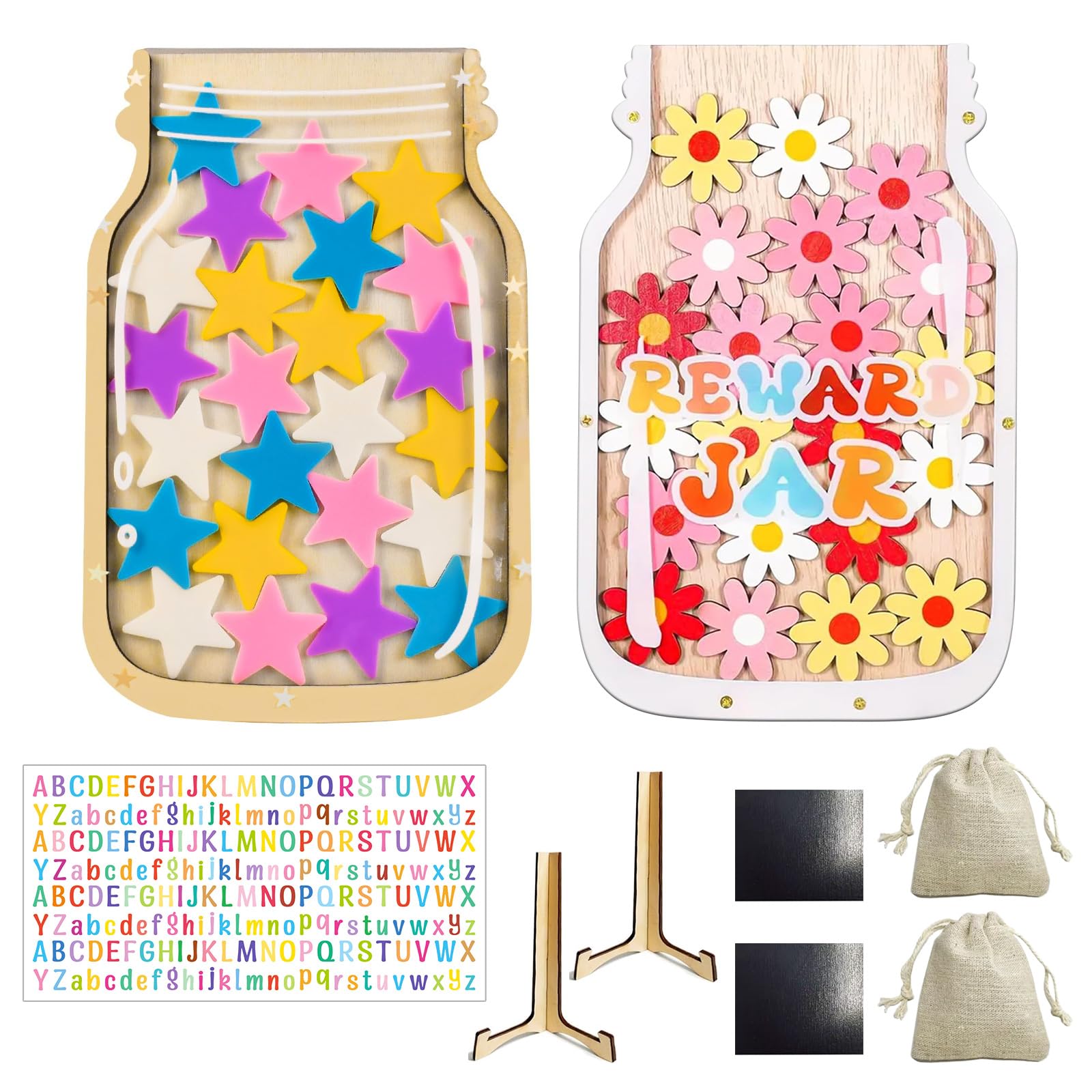 2 Pack Magnetic Reward Jar for Kids - Stars and Flower Reward Jar with Colorful Letter Stickers, Good Behavior Home Classroom Responsibility Routine Training Tool for Boys Girls