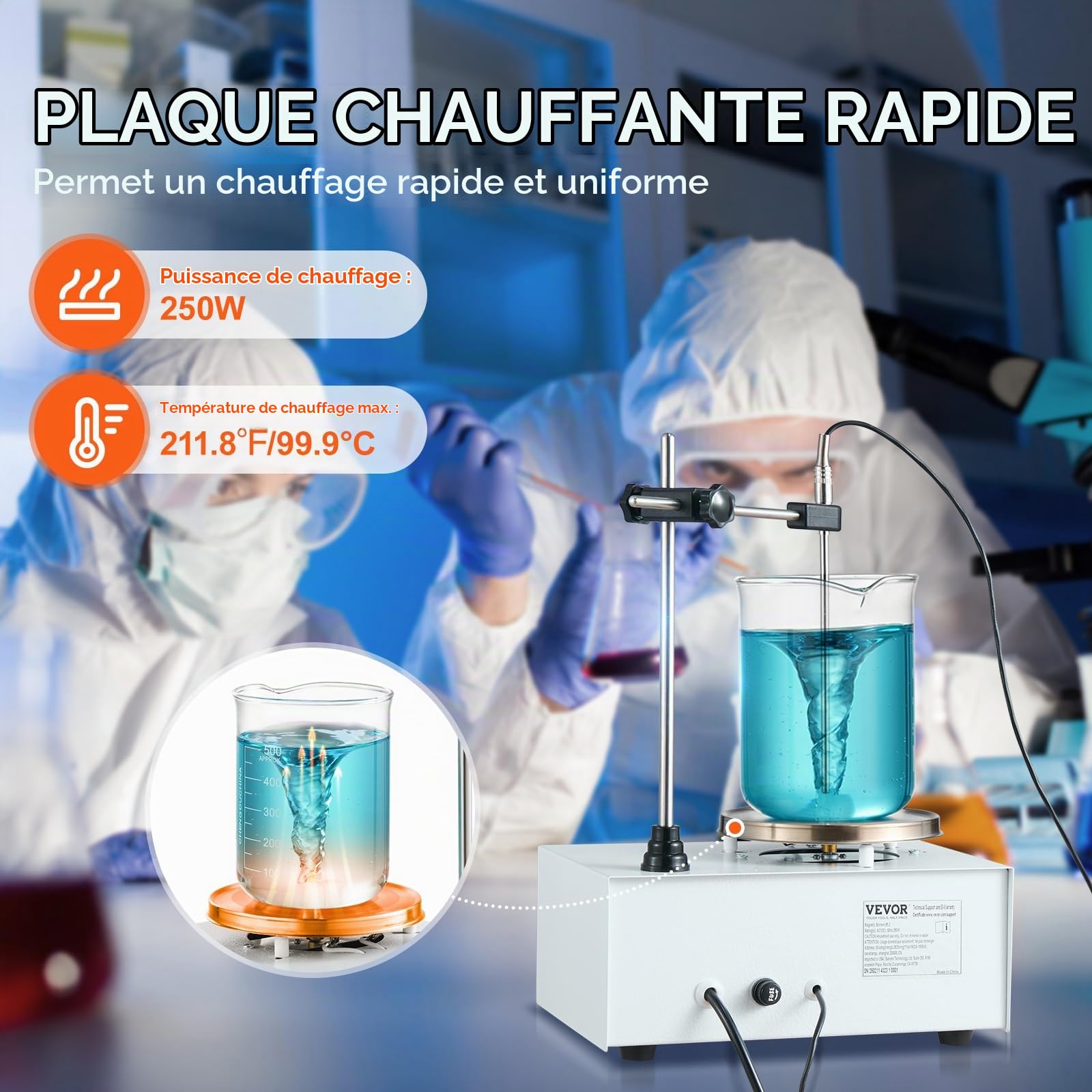 VEVOR Agitateur magnétique 1 L, mélangeur magnétique à plaque chauffante 99,9 °C, kit d'agitation 1500 tr/min, 250 W, avec bouton de vitesse réglable, support et barreaux d'agitation, écran LED, blanc