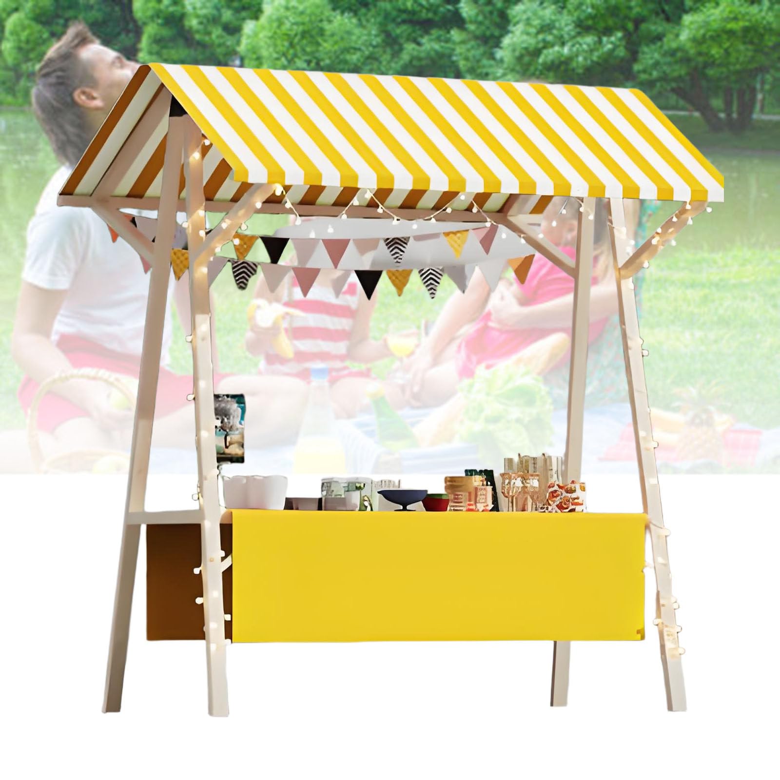 Carrello pieghevole in legno – bancarella per cibo da strada con baldacchino, ideale per mercati agricoli, eventi all'aperto e mostre alimentari, supporto portatile per alimenti
