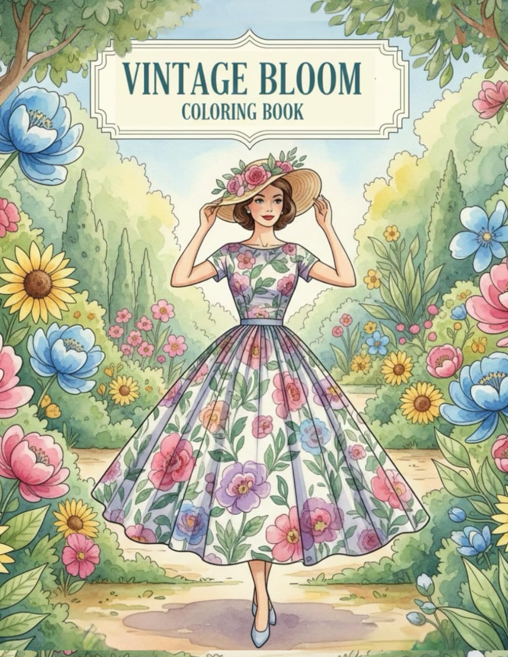 Vintage Bloom Coloring Book: Elegant 1950s Dresses and Floral Designs for Relaxing Adult Coloring