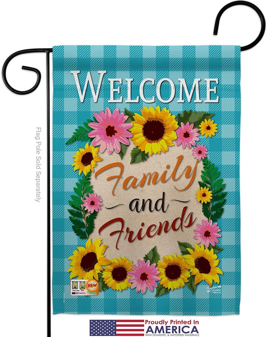 Welcome Family and Friends Garden Flags Pack Floral Sunflower Tulip Rose Orchid Lilies Season Springtime Flower Wreath USA Applique Small Gift Yard House Banner Made In 13 X 18.5