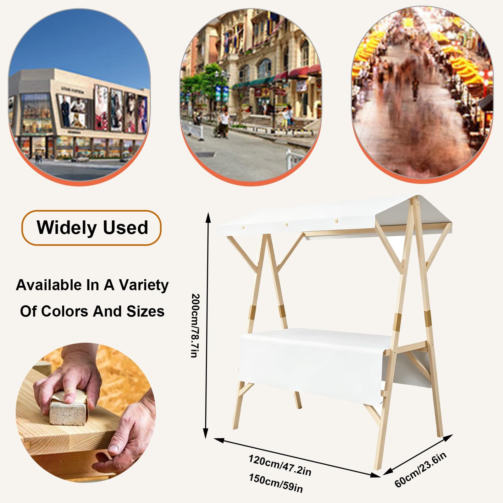 Carretto per Alimenti Pieghevole in Legno con Tettuccio, Banchetto Stile Mercato, Carretto per Venditori Ambulanti, per Eventi E Festival(White,120cm/47.2in)