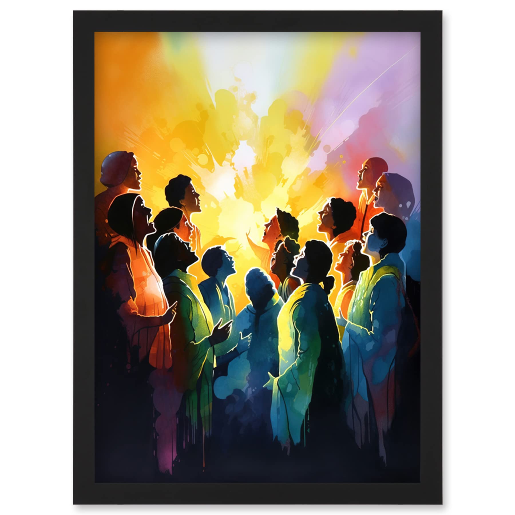 Artery8 Choir Women Singing by Bonfire Modern Rainbow Colour Watercolour Painting Artwork Framed Wall Art Print A4