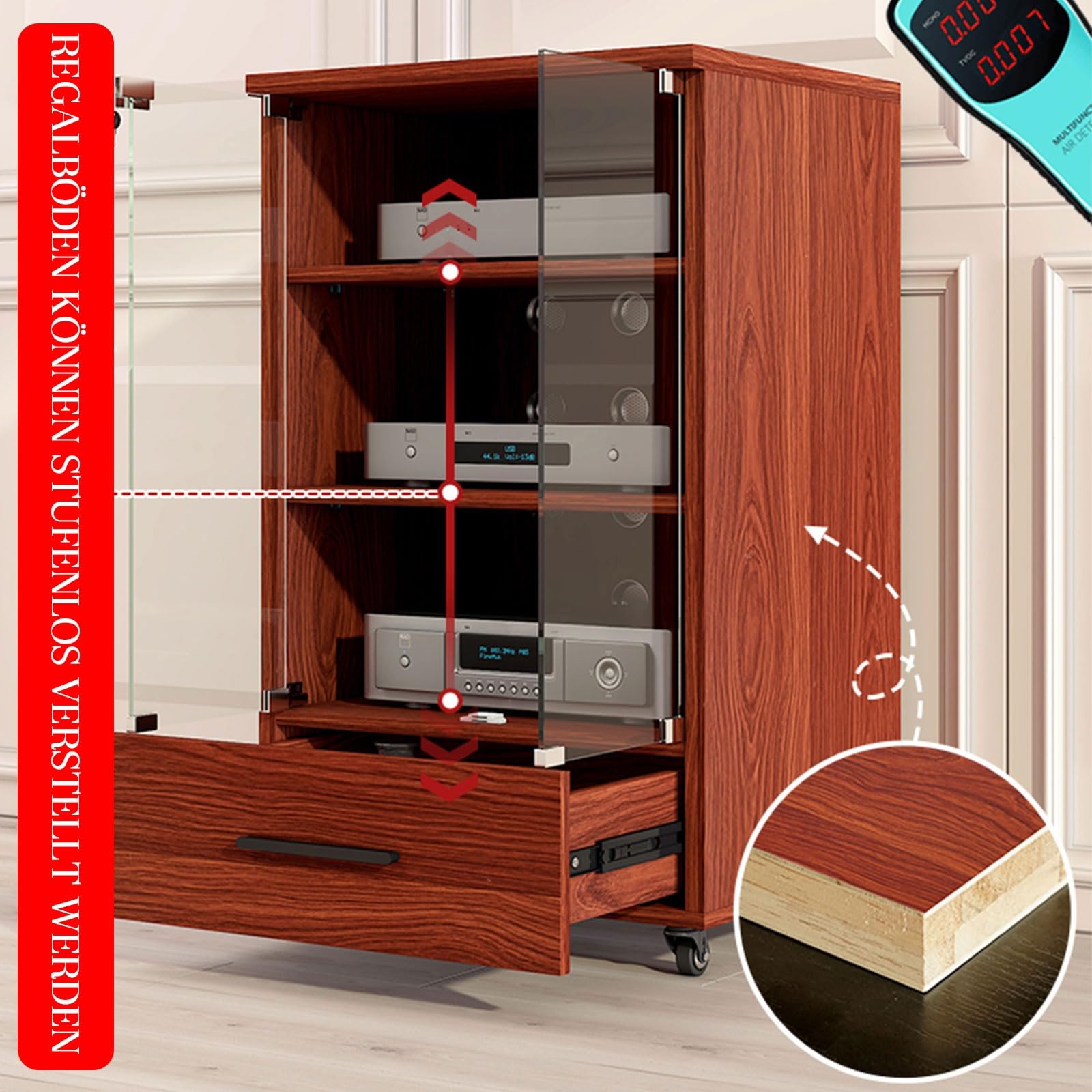 Support de console multimédia en bois massif avec porte en verre, support audio et vidéo sur roulettes, tiroirs de rangement pour salon, chambre à coucher, bureau – Armoire de lecteur de disques