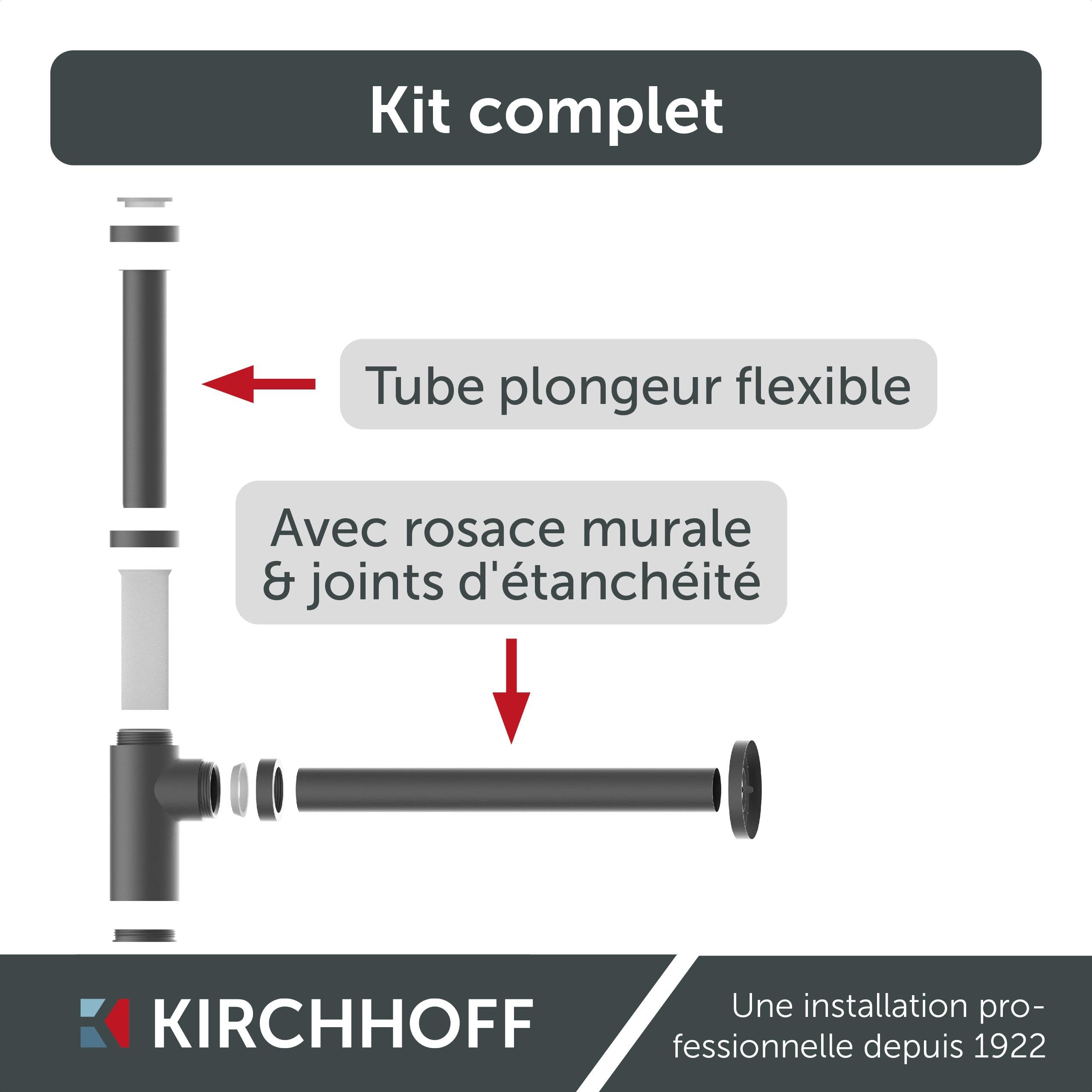 Kirchhoff Bonde de Lavabo Universelle Graphite Mat, Siphon | Laiton massif enduit, raccord 11⁄4", kit avec rosace murale, joint bonde et bouchon lavabo universel, ouverture de nettoyage