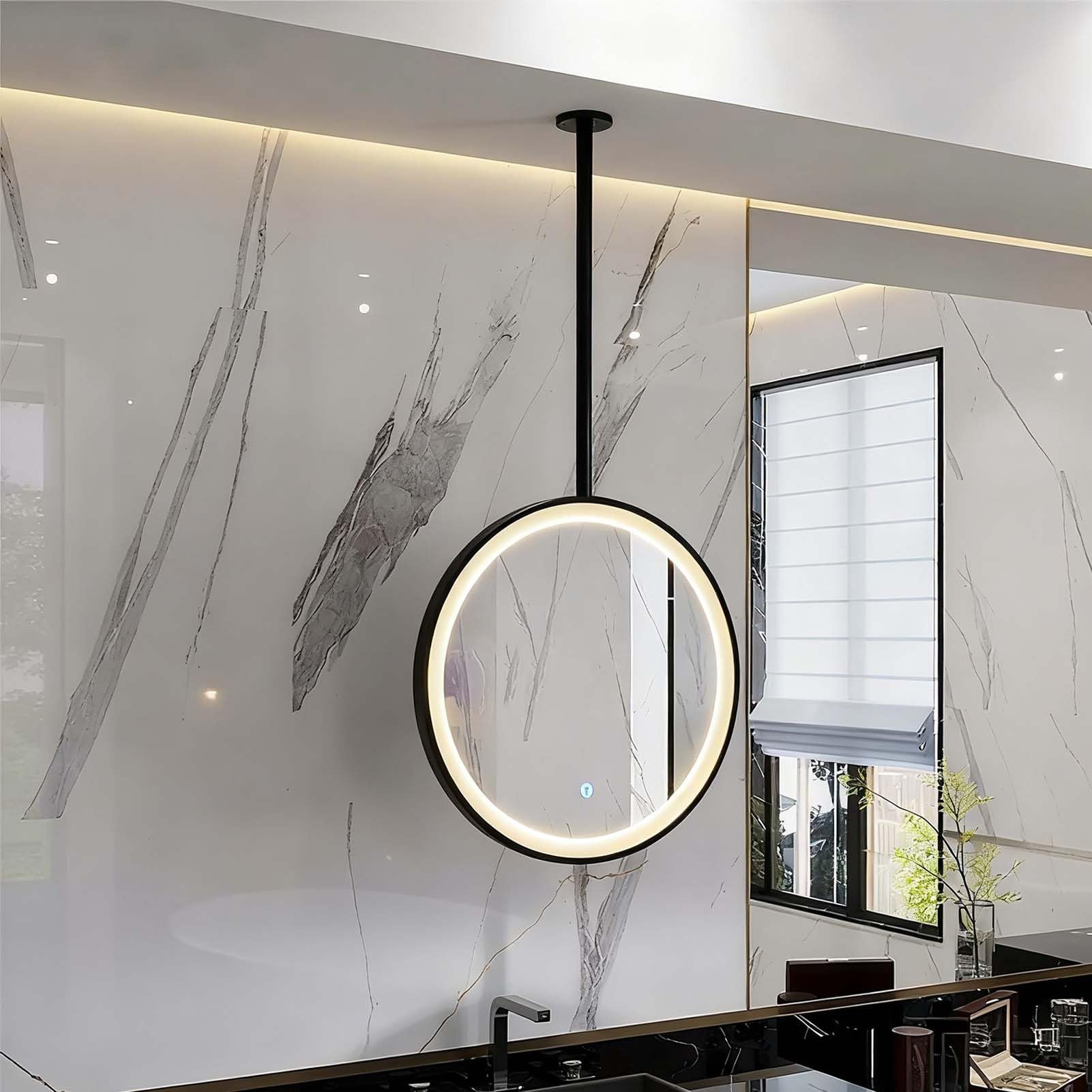 FGXHHS Modern LED Round Mirror Bathroom Vanity Mirror, Decorative Wall-Mounted Hanging Metal Frame Floating Suspended Mirrors(Black,Diameter-70CM/27.6INCH)