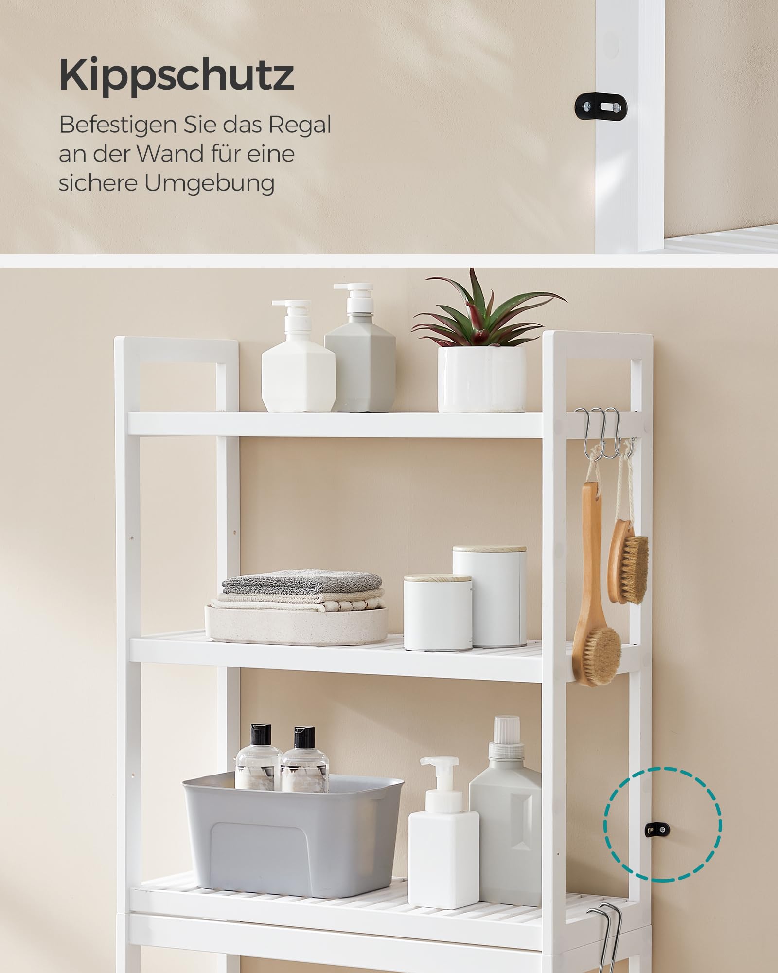 SONGMICS Badezimmerregal für über die Toilette, aus Bambus, 3 Ebenen, Organizer für das Badezimmer, mit verstellbaren Einlegeböden, Belastung 15 kg/Ebene, einfache Montage, Weiß BTS01WT