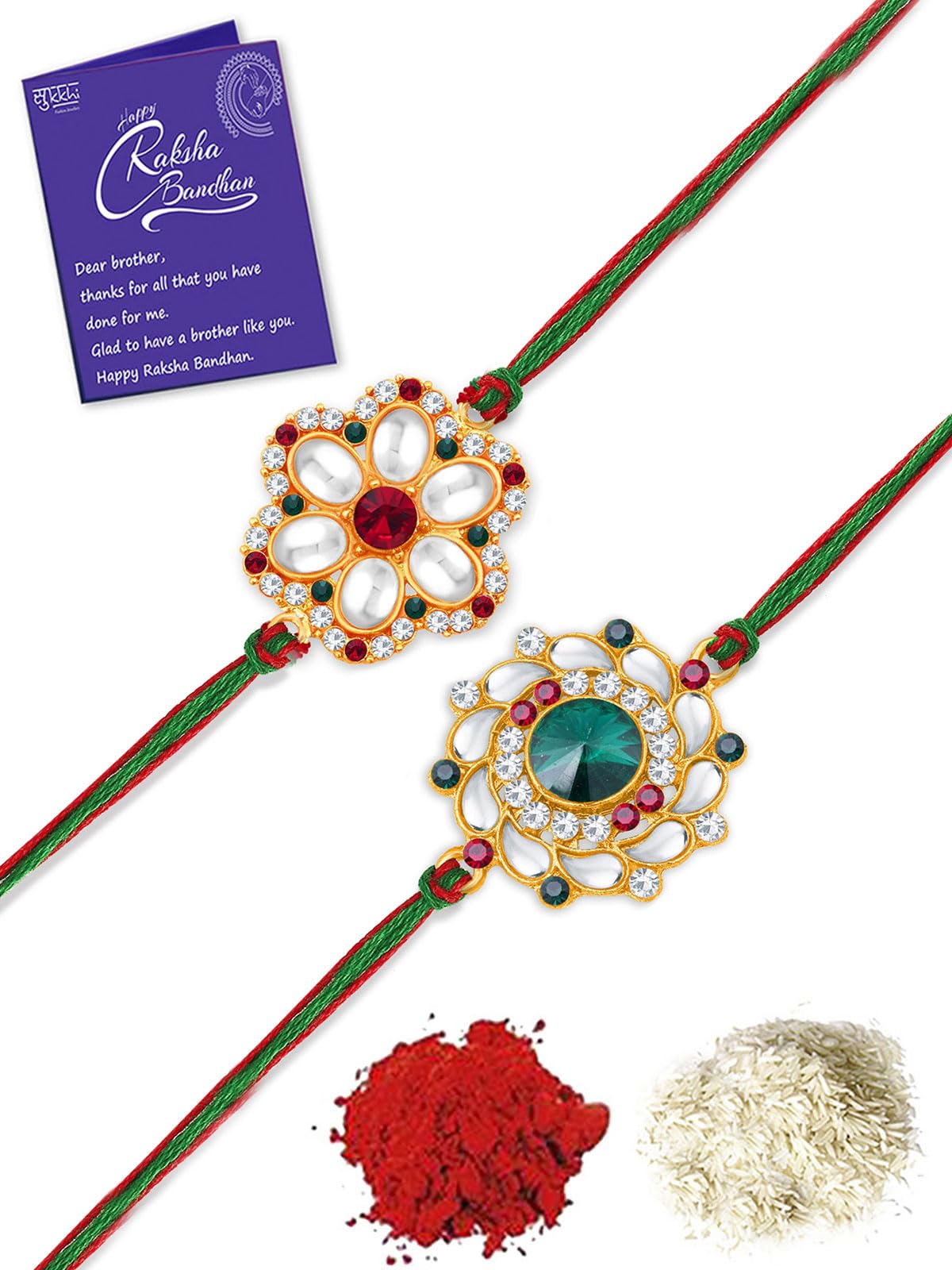 Sukkhi Rakhi Elaborate Kundan Rakhi Combo & Designer Gold Plated Premium Rakhi for Brother, Roli Chawal & Greeting Card|Rakhi for Bhaiya|Rakhi for MEN|Kundan Rakhi|Rakhi Combo-Set of 2 |CBRAK105037 (B0C7W4XDDN) Amazon Price History, Amazon Price Tracker