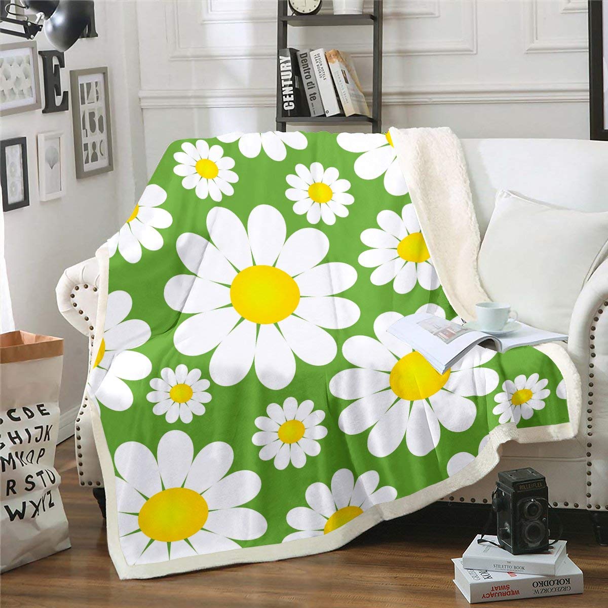 Loussiesd Girls Daisy Fleece Throw Blanket Botanical Floral Sherpa