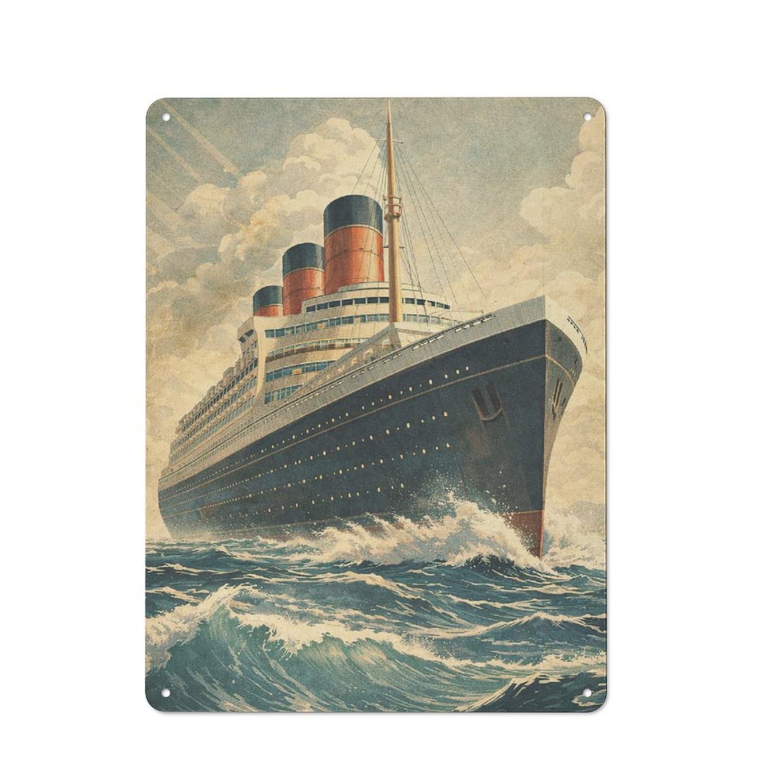 Junmoney Style-6 Modern Retro Decorative Metal Plaque 40X30cm Featuring Grand Ocean Liner Sailing Through Waves, Loft Wall Plaque For Flat, Bar, Studio Or Gallery Wall