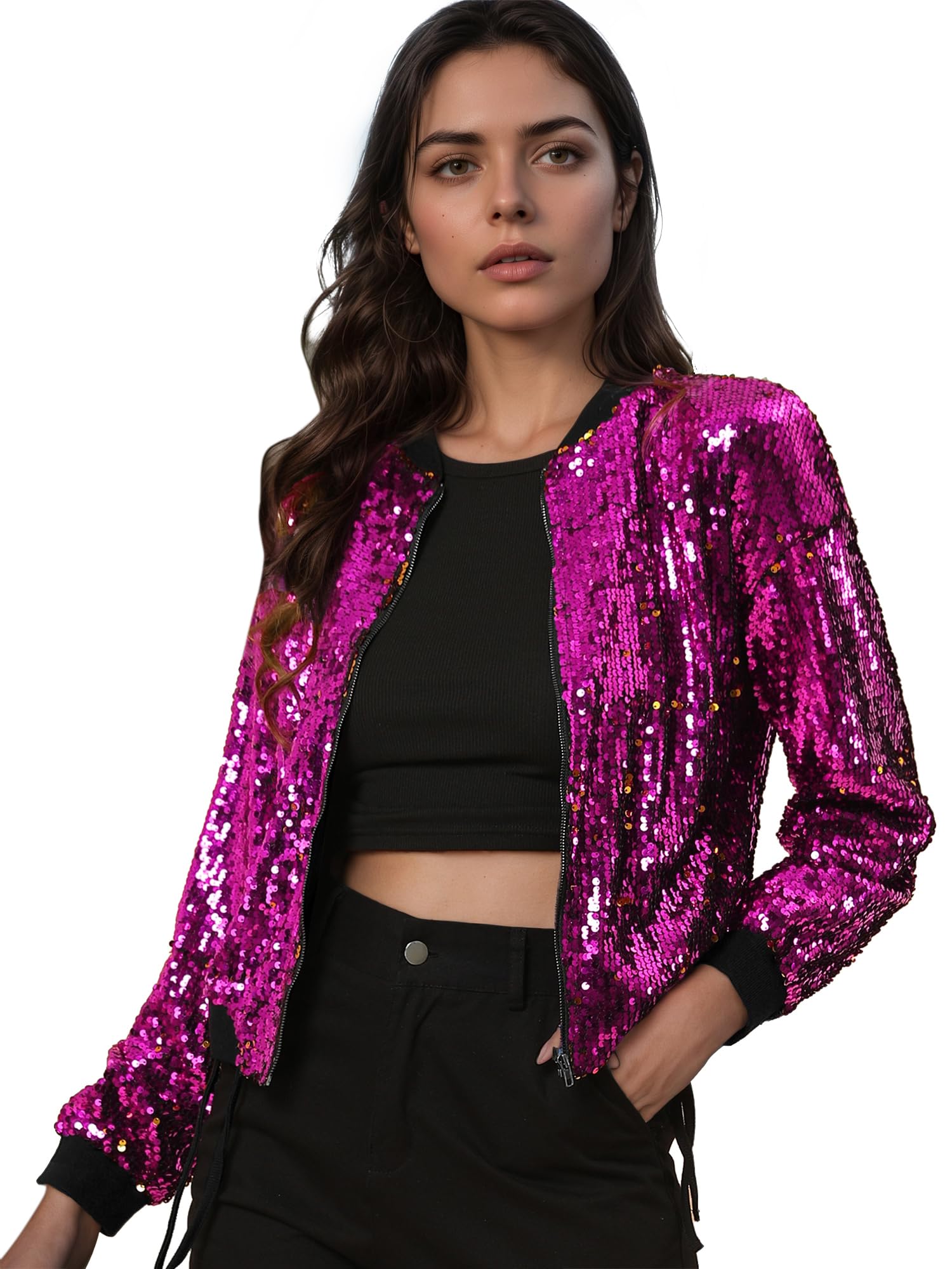 Allegra K Bomber à paillettes et fermeture éclair à manches longues pour femme
