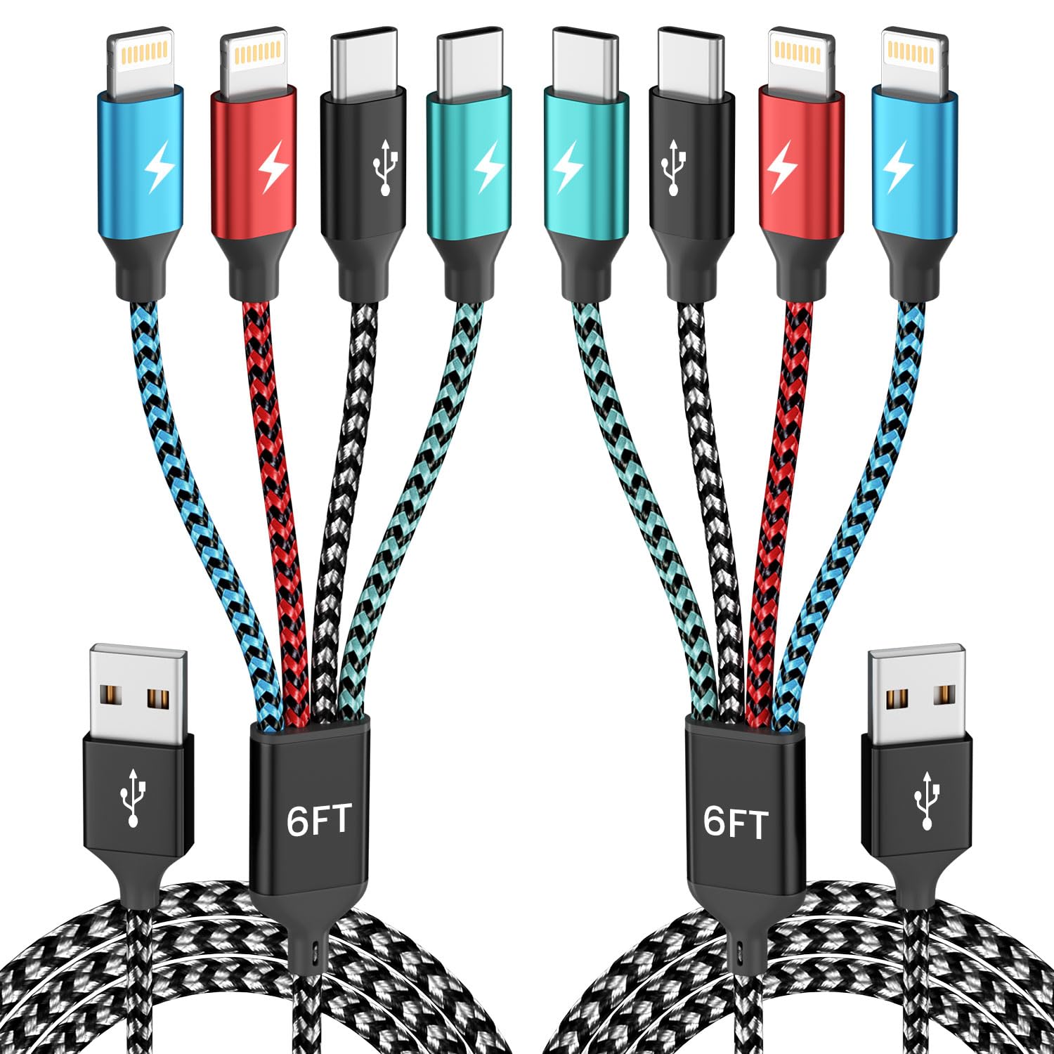 Cavo di ricarica multiplo 4 in 1 da viaggio, USB A, con doppio tipo C e Dual Lightning, cavo di ricarica universale per iPhone serie/Android/tablet, cavo di ricarica multi (2 pezzi, 1,8 m)