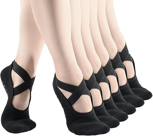 Pauboland Paquete de 6 calcetines acolchados negros para mujer, antideslizantes, piyo barre, pilates, ballet, yoga, con agarres, talla 4-9
