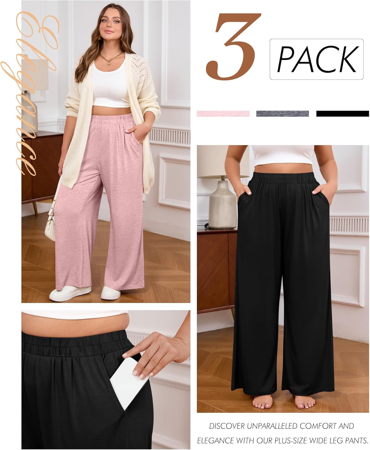 3 Pack Women Plus Size Wide Leg Pants Loose Fit Palazzo Lounge Yoga Sweatpants High Waist Casual Pajamas Pants - Image 4