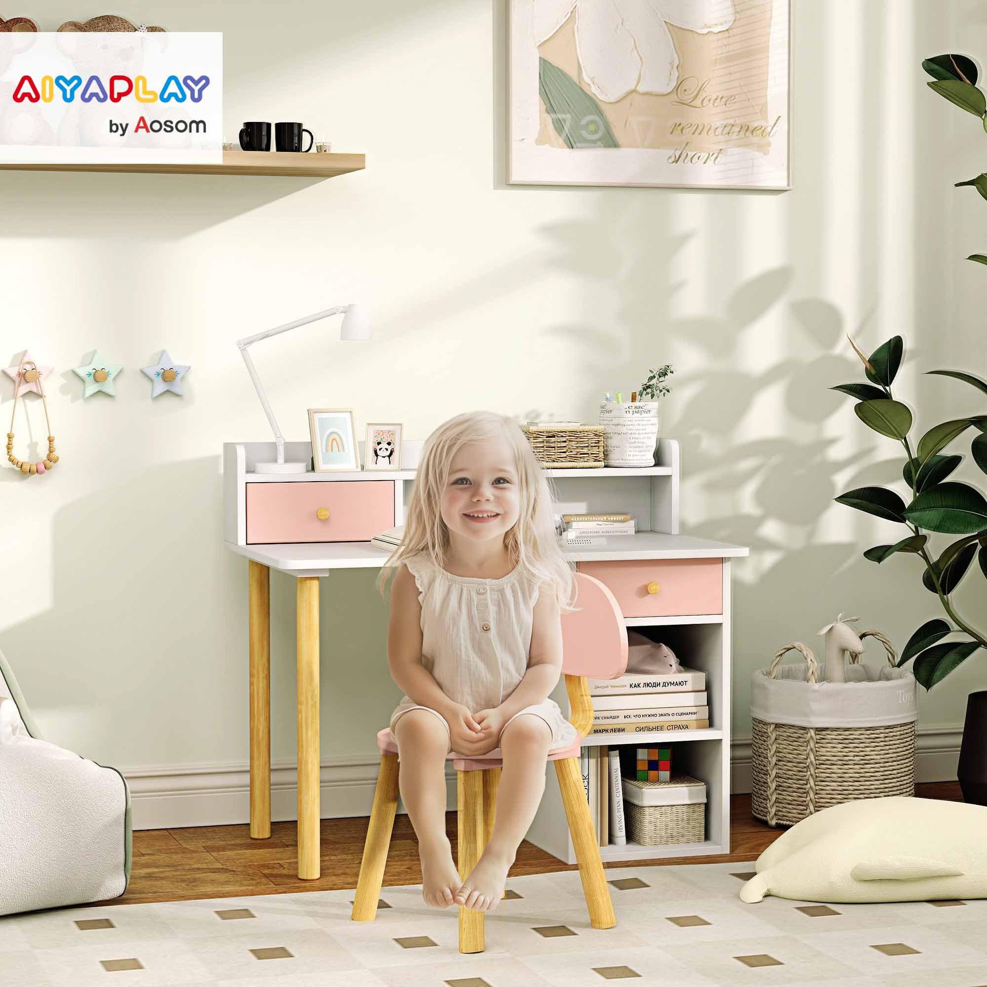 AIYAPLAY Kids Desk and Chair Set, Children Study Table with Hutch, Storage, Drawer, Shelves, for Studying, Reading, Drawing, for Ages 3-8 Years, Pink