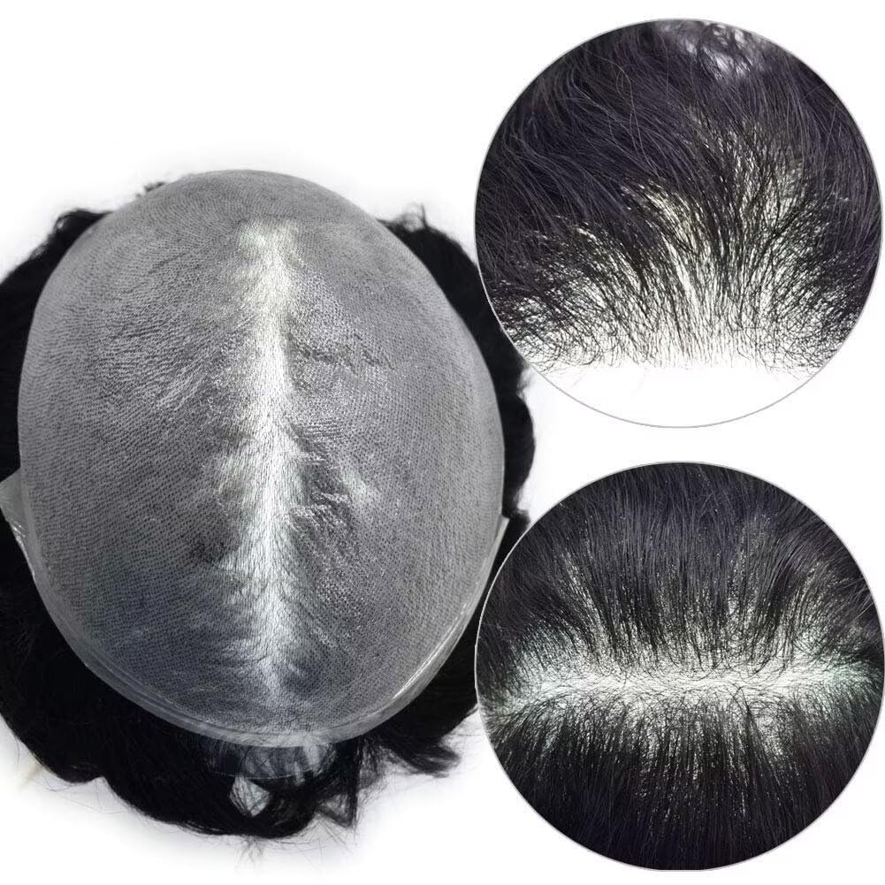 Super Thin Skin Toupee for Men Hair Systems V-looped Knotless Mens Toupee Soft Human Hairpiece 0.04mm PU Men Hair Piece Light Density Hair System 7X9"-80% density#1B20 Off Black+20% Gray