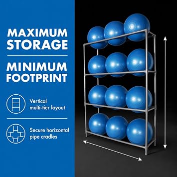 Fitness First Balance Ball Metal Storage Rack Heavy-Duty Metal Pipe Construction, Easy Assembly, Stable Design Holds 6 Exercise Balls for Gym or Studio Organization