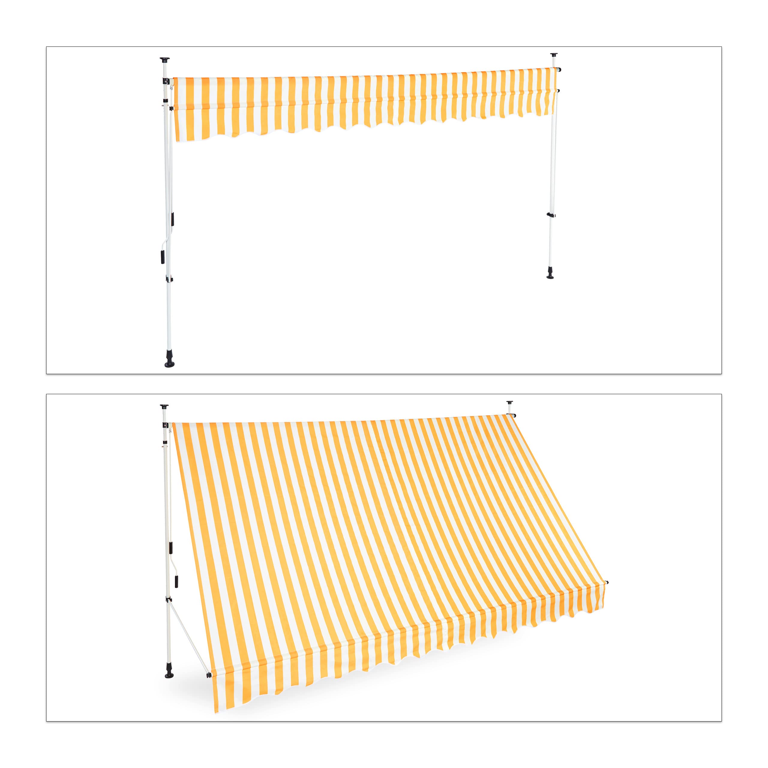 Relaxdays Auvent rétractable 350 cm Store balcon marquise soleil terrasse hauteur réglable sans perçage, jaune-blanc