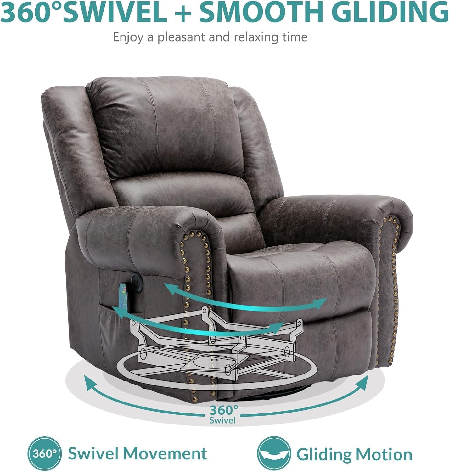 MEETWARM Oversized Swivel Rocker Recliner Chair with Heat and Massage, Manual Glider Rocking Recliner Chair, 360°Swivel Nursery Reclining Sofa with Remote Control/USB Ports for Living Room(Gray)