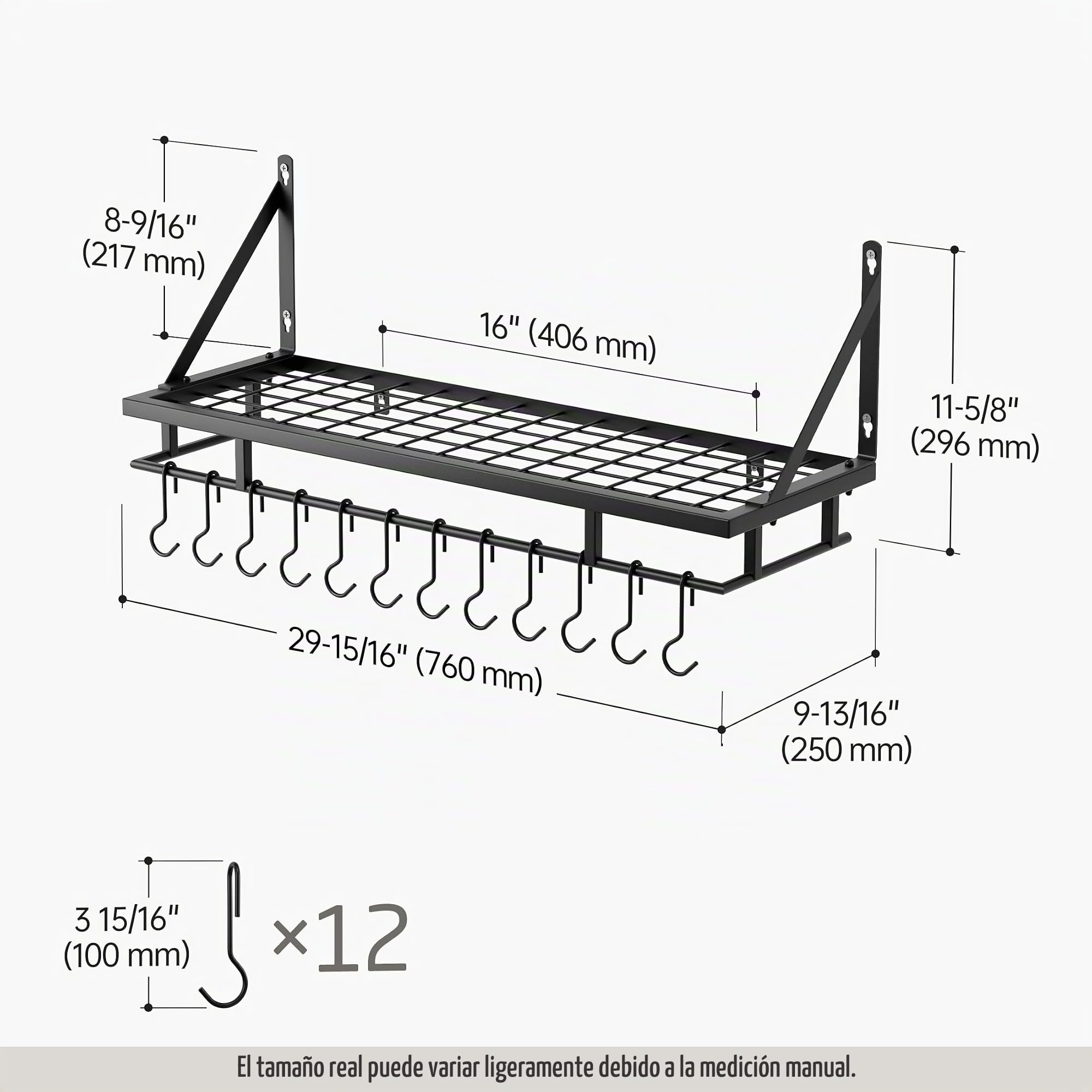 KES Estante de Cocina para Colgar Soporte para Ollas y Sartenes con 12 Ganchos Almacenaje Organizador Negro 75CM, KUR215S75-BK