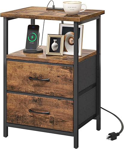 Miniatura 42 de Fixwal Mesita de noche con 3 cajones de tela, mesita de noche para dormitorio, mesita de noche con estación de carga, mesa auxiliar con Marrón