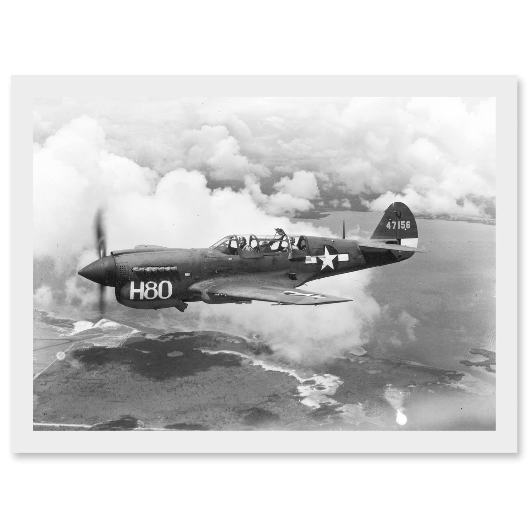 Artery8 War Military Vintage US Airforce Fighter Plane Black White P-40 Artwork Framed Wall Art Print A4