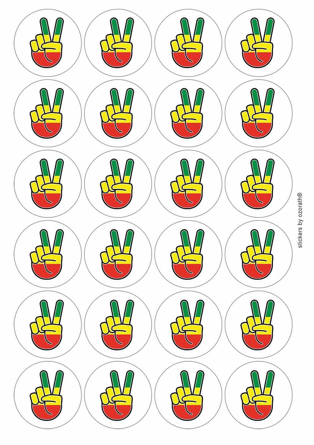 Rastafarian Colours Peace Sign V Circular Matt Paper Stickers A4 Sheet of 24 (Each Sticker is 45mm Diameter)