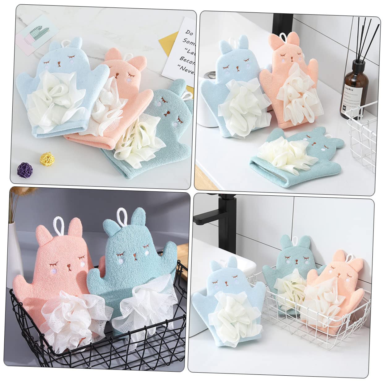 Guanto da Bagno Esfoliante Bunny 3 Pezzi in Fine Fiber Pe | Doppia Faccia, Polsini Elastici, Texture Morbida e Delicata, Facile da Pulire