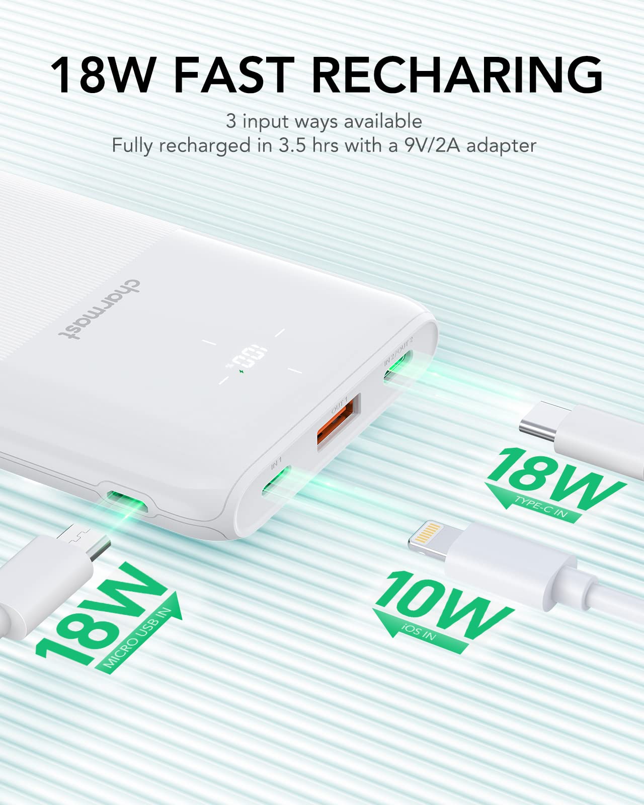 Charmast Power Bank 10000mAh,Sottile e Leggero Powerbank PD 20W Ricarica Rapida USB C Caricatore Portatile,Piccolo Batteria Esterna LED Display per iPhone Huawei Xiaomi Smartphone