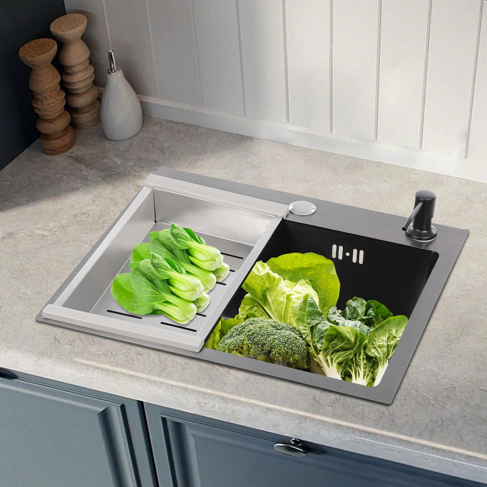 Fregadero, 40 x 45 cm, acero inoxidable, fregadero de cocina con dispensador de jabón, fregadero de granito