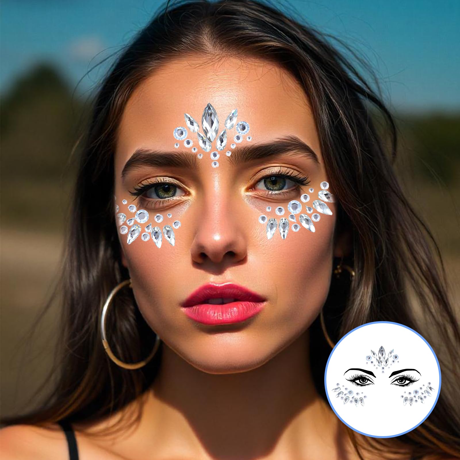 Yuanchu 4 zestawy klejnotów do twarzy dla kobiet, samoprzylepne brokatowe piegi, klejnoty do twarzy, tymczasowy tatuaż, oko, twarz, klejnoty, naklejki na festiwal rave, prezent, syrenka, tęczowa twarz