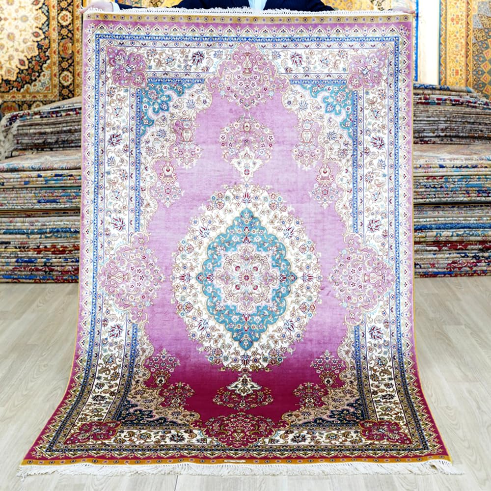Oriental Silk Carpet 4x6 Pink Hand Knotted Traditional Medallion Vintage Floral Luxury Silk Living Room Rug