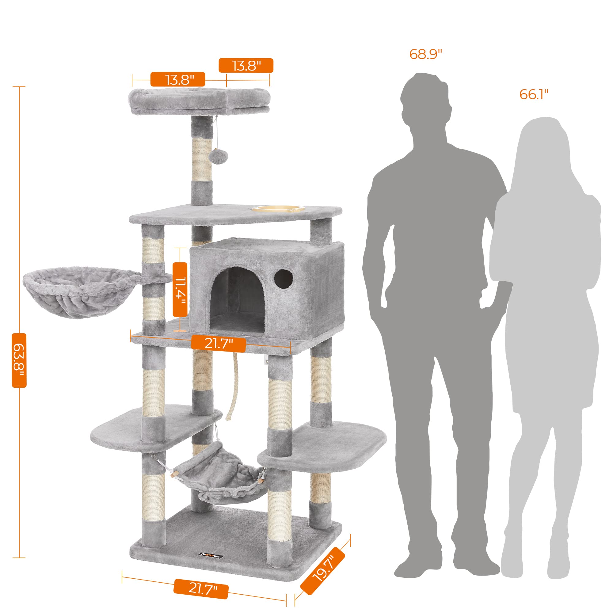 FEANDREA 63.8 inches Sturdy Cat Tree with Feeding Bowl, Cat Condos with