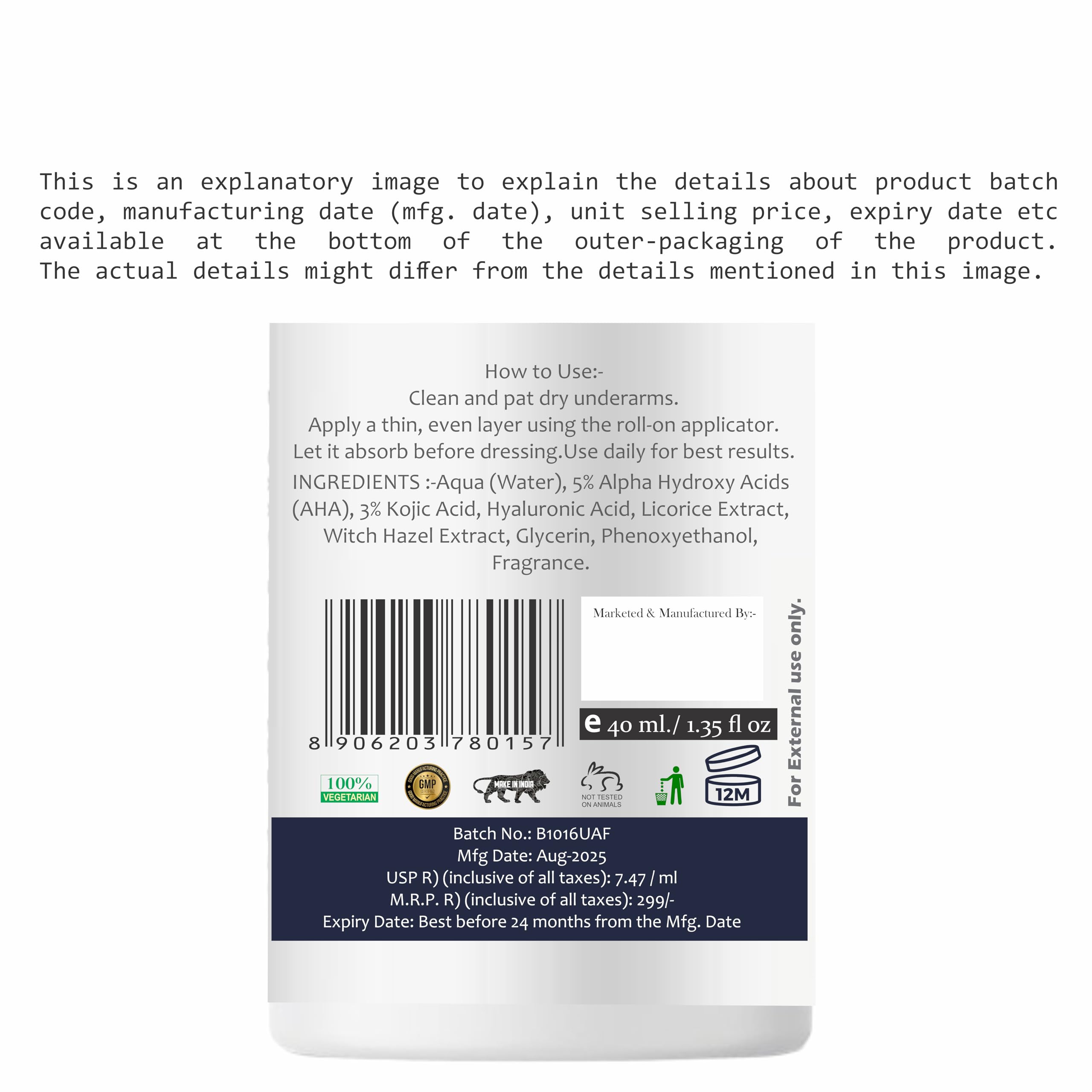ThisNthat Underarm Roll-On Deodorant | Anti-Perspirant for Women & Men | 5% AHA + 3% Kojic Acid, Hyaluronic Acid, Licorice & Witch Hazel | Brightens, Hydrates & Odor Control | Alcohol-Free, 40ml 2