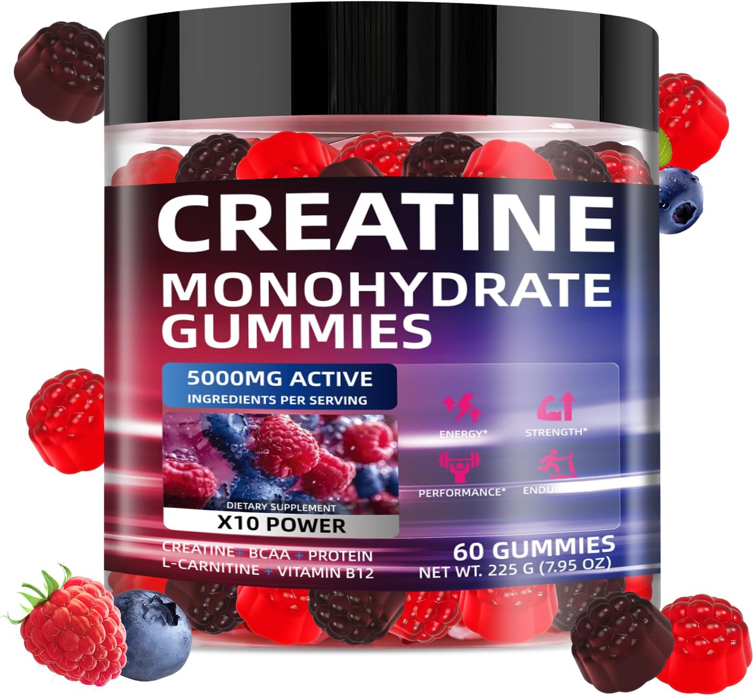 Creatine Monohydrate Gummies 5000mg – Sugar-Free Vegan Creatine Supplement with BCAA, L-Carnitine, Taurine & Vitamin B12 – 60 Chews for Strength, Endurance & Muscle Recovery