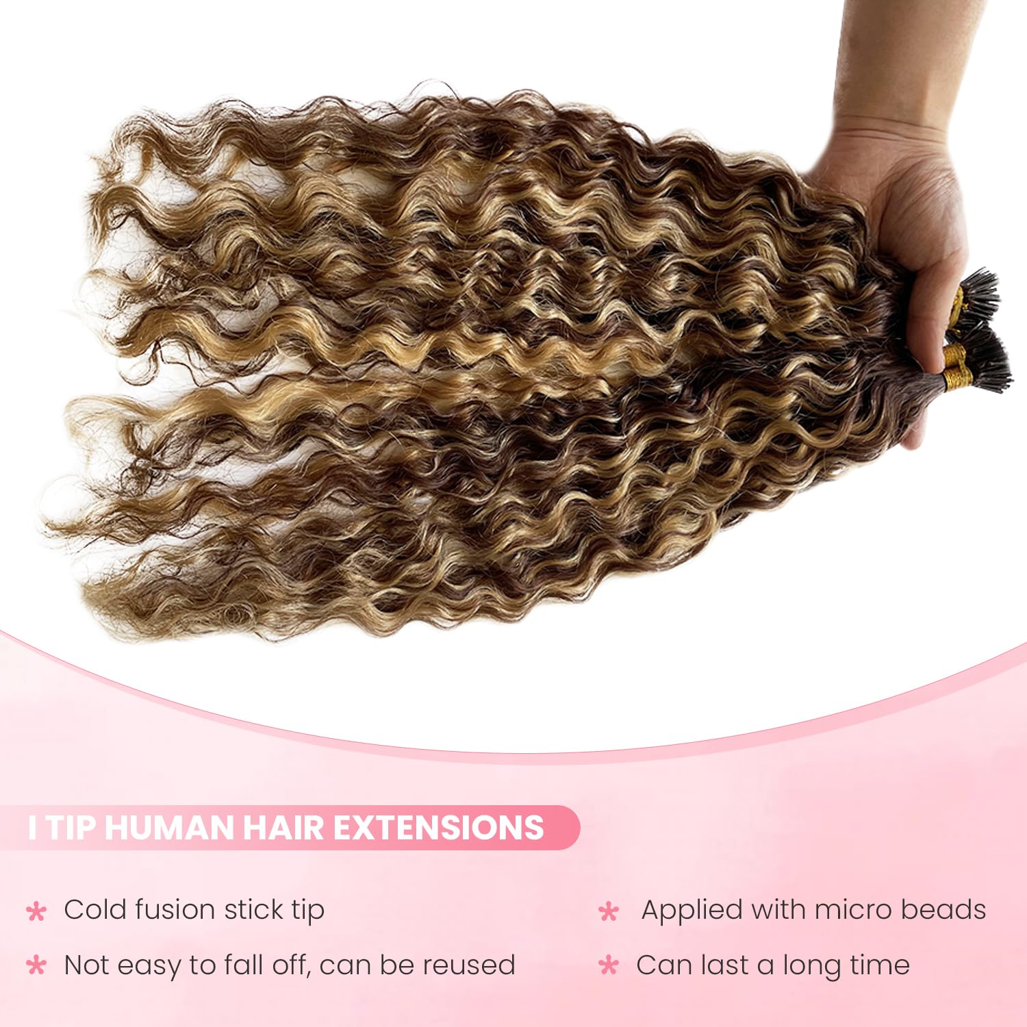 Curly I Tip Hair Extensions Real Human Hair Water Wave 4/27 Ombre Medium Brown with Honey Blonde Highlights Wet and Wavy Remy Pre Bonded Keratin Stick Tipped Itip Extensions for Black Women 14 Inch