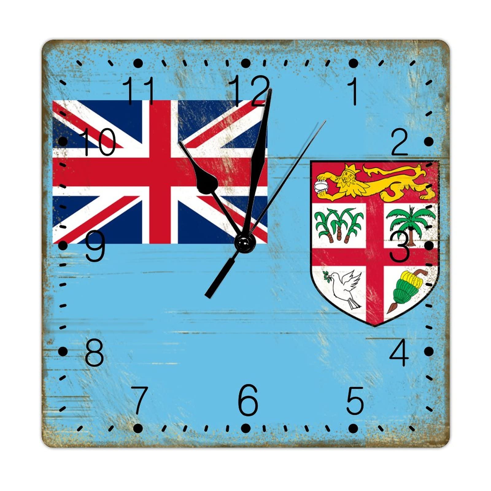 Fiji Wooden Clock Silent Non Ticking Battery Operated Art Clocks Fiji Flag Clock Rustic 12inch Square Clock for Living Room Bedroom Modern National Flag Home Decor Art Clock Housewarming Gift