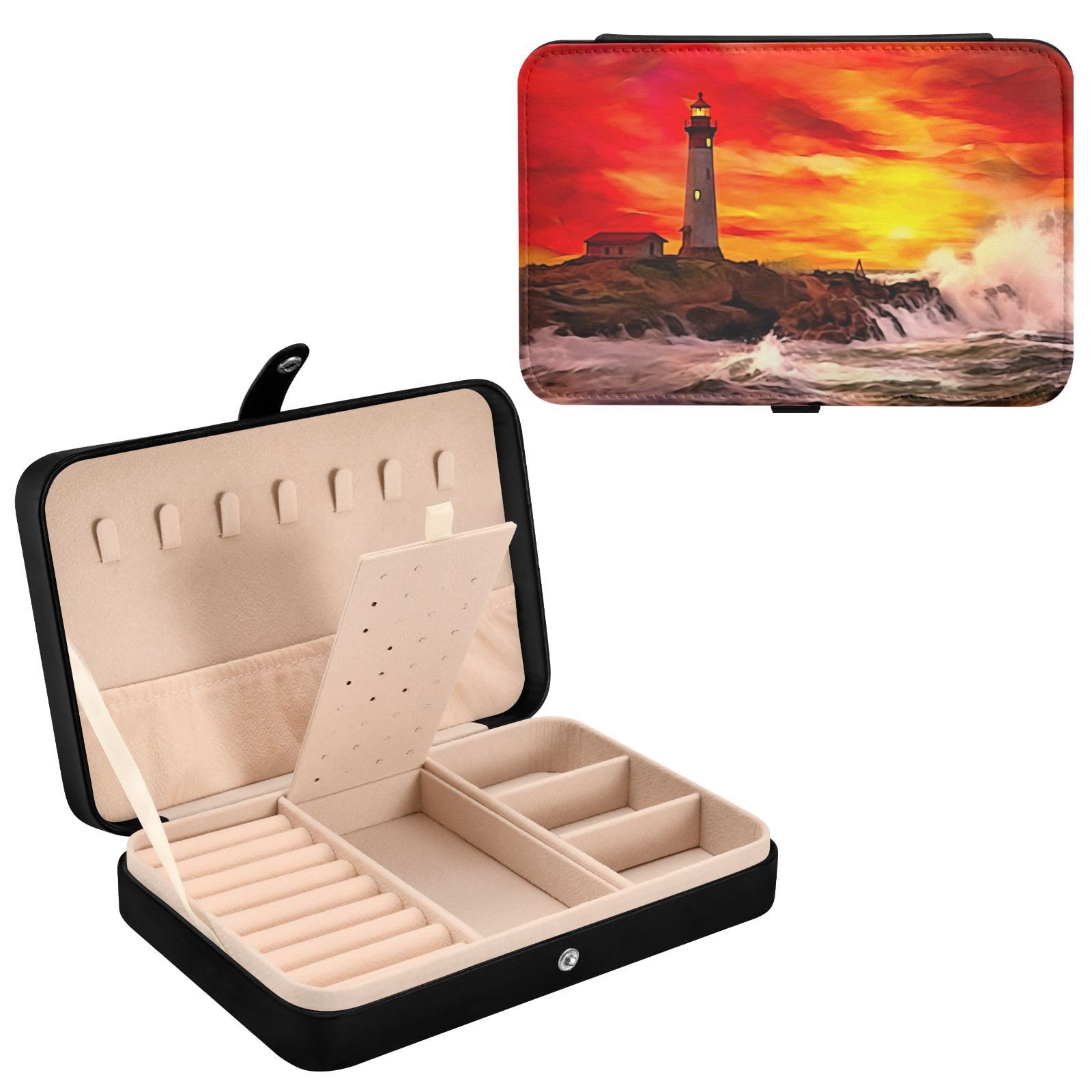 Haskirky Lighthouse Jewelry Box Portable PU Leather Travel Jewelry Organize for Women Jewelry Storage Display Holder for Ring, Necklace, Earring