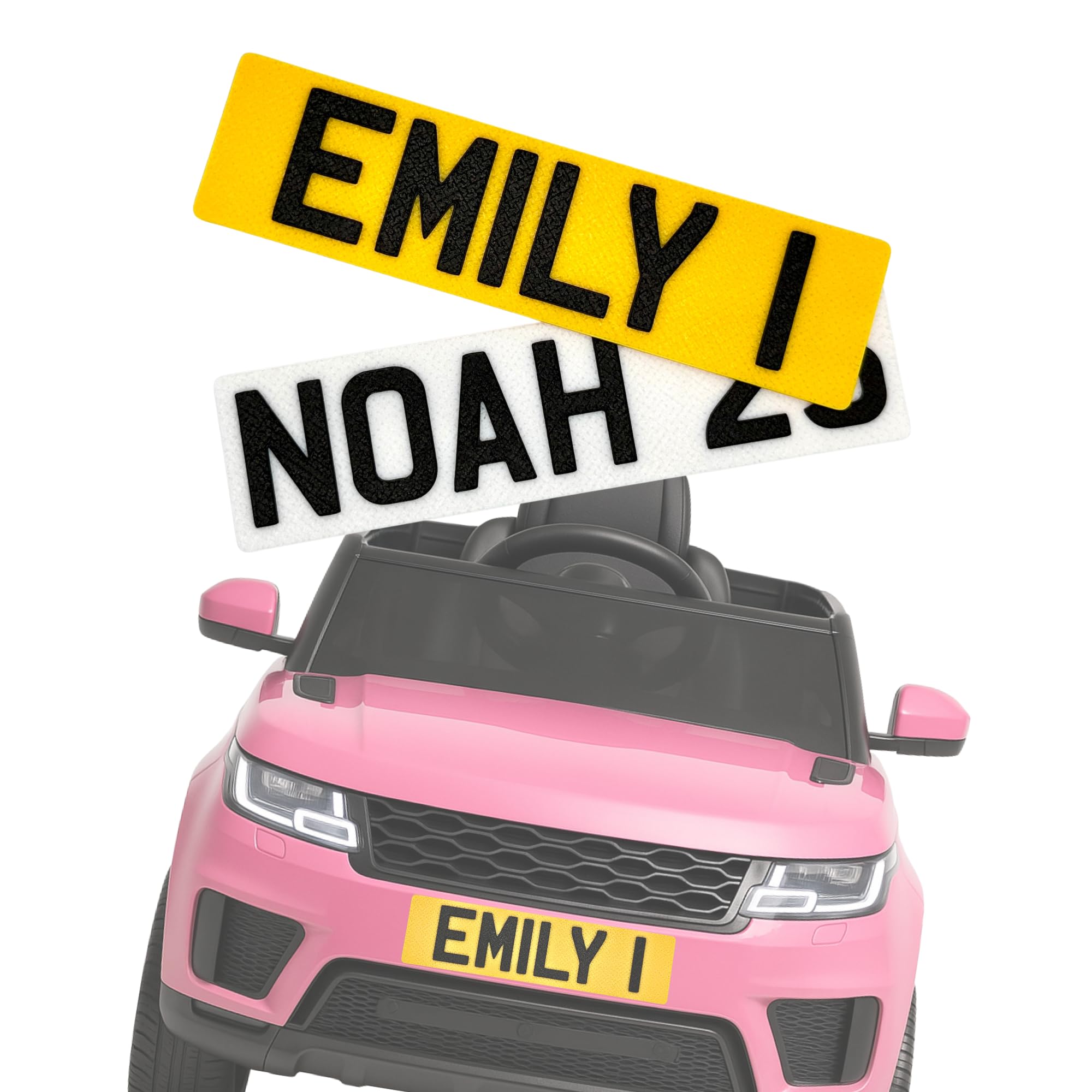 Custom Toy Car Plates for Ride On Thick Plastic 4MM Kids Personalised Numberplate Signs – Plastic Fun Accessory for Ride On Cars, Scooters, Bikes – Front & Back with Sticky Pads