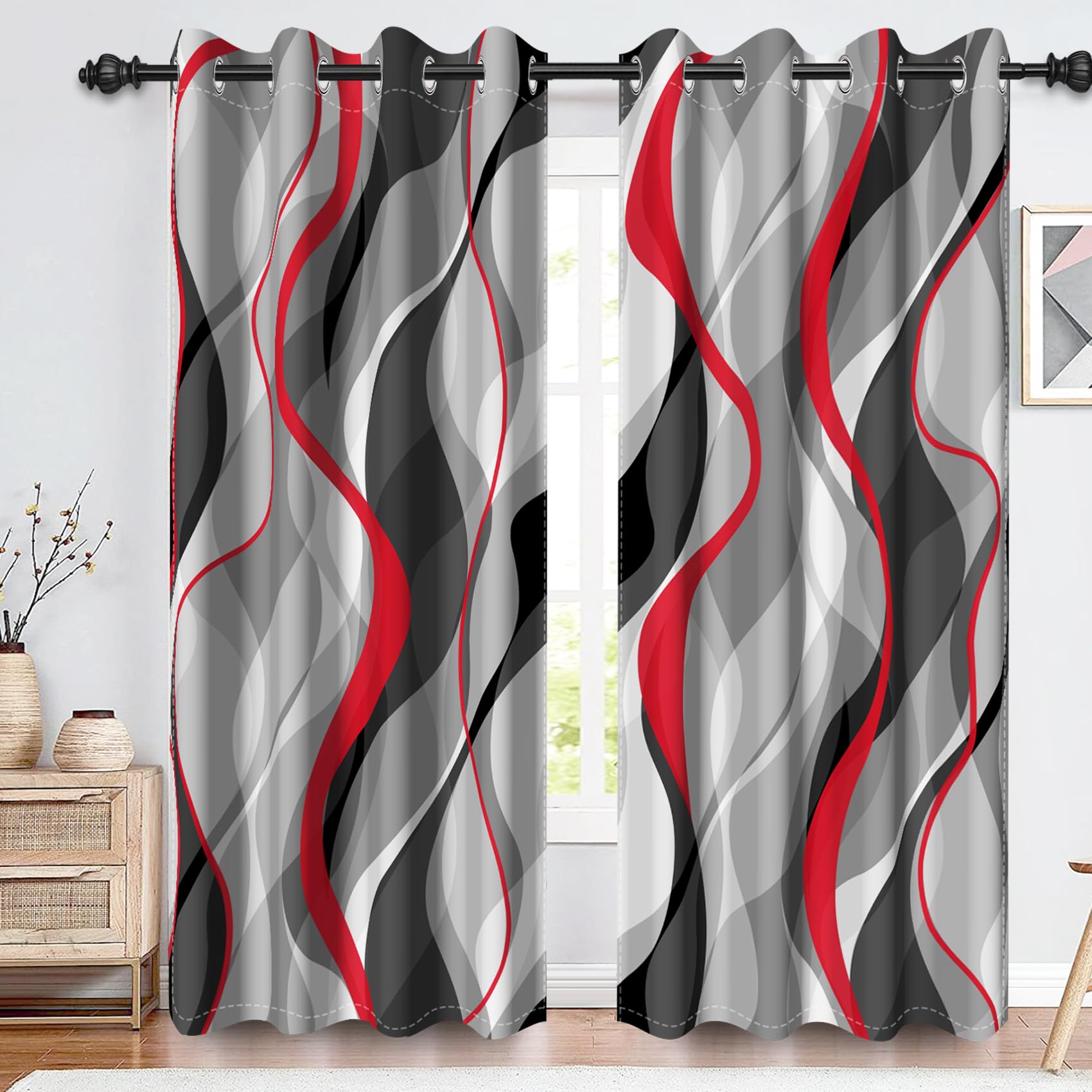 Renaiss Red Gray Striped Blackout Curtains for Bedroom Modern Stripes Minimalist Grommet Thermal Insulated Abstract Geometric Printed Window Drapes