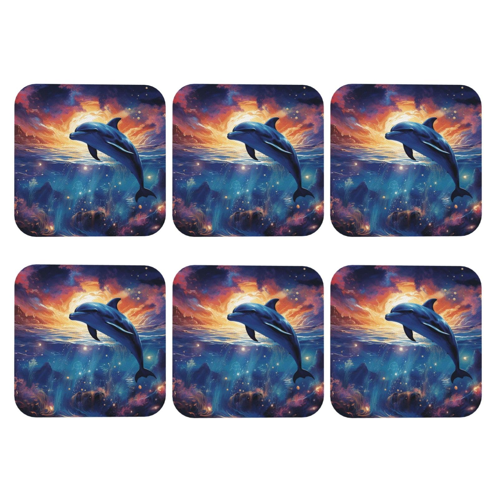 6pcs Leather Coasters for Drinks, Colorful Starry Sky Ocean Dolphin Drink Coasters for Tabletop Protection, 4" Cup Coasters for Coffee Table Decor, Non-Slip Drinking Cup Mat for Hot Or Cold Drink