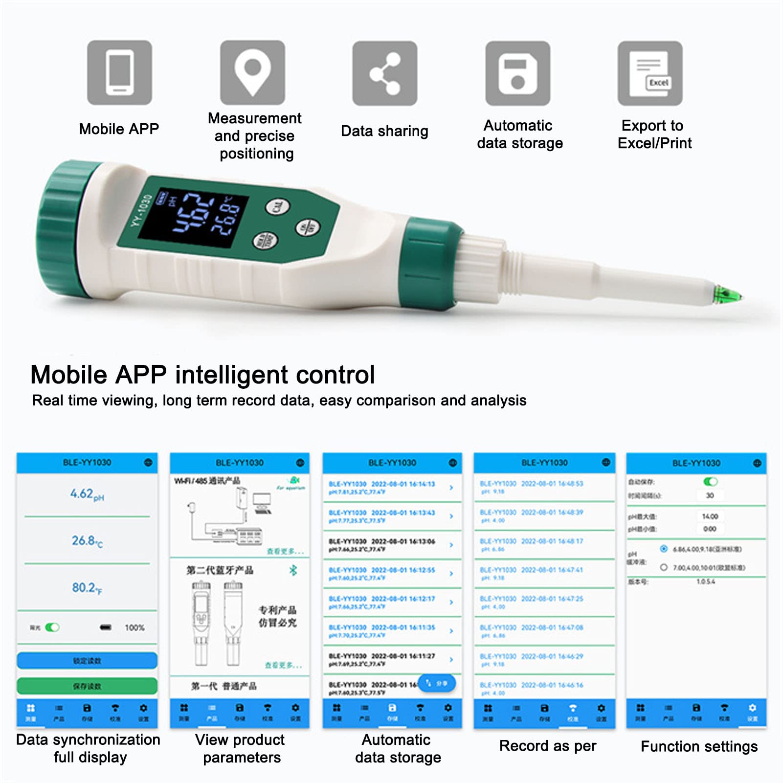 Intelligentes Bluetooth-PH-Messgerät, digitaler PH-Tester, Teig-Alkali-Tester, Bodenmatrix-Säuremessgerät für Babynahrungsergänzungsmittel, Käse, Kosmetik