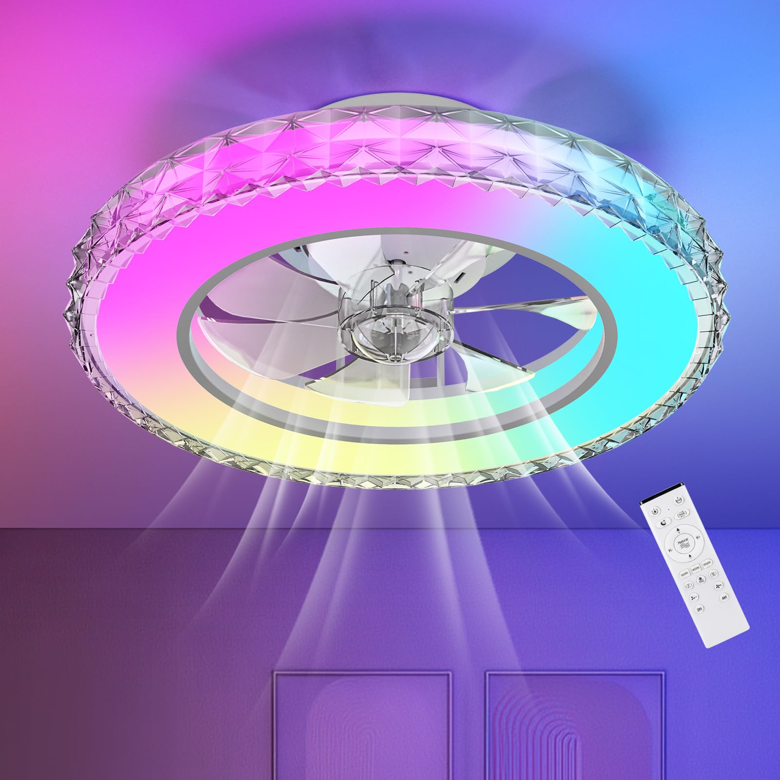 Ateroll Ventilador de Techo con luz 43.5CM, Ventiladores de Techo 25W, Regulable 3000K-4000K-6500K-RGB, 6 Velocidad del Viento con Control Remoto, Temporizador, Memoria de Luz, Ventilador Reversibles